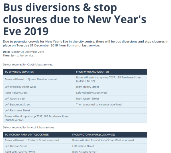 Screenshot of AT website showing bus diversions using turn-by-turn directions