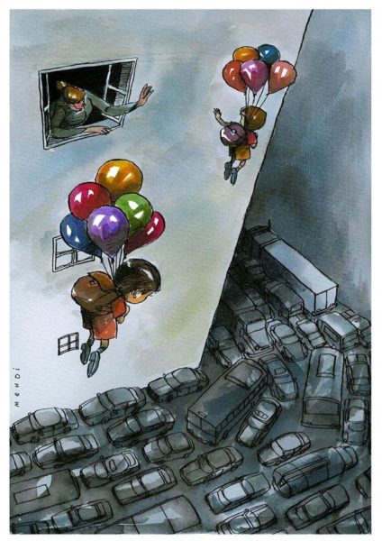 A cartoon by Mehdi Azizi shows children floating to school held aloft by bunches of balloons, while cars fill the streets below.