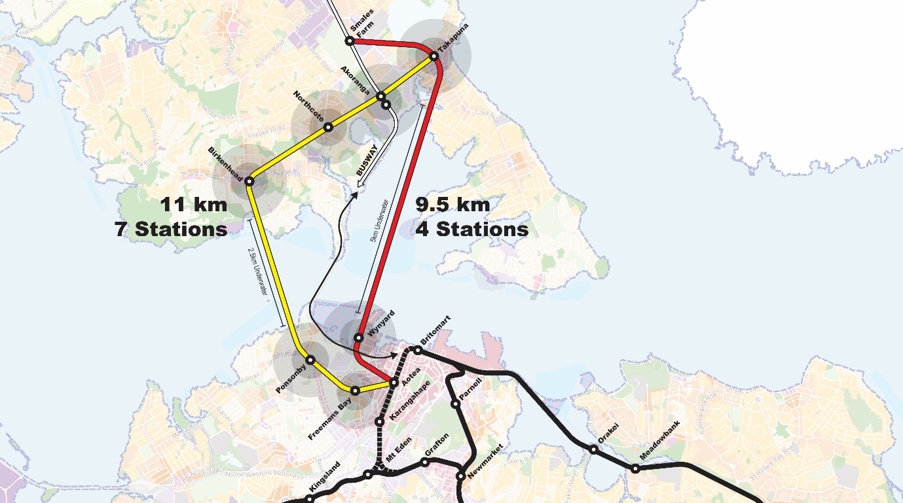 A basemap of Auckland Unitary Plan zones shows the existing rail network, including CRL, and the Northern Busway. A Red line is drawn indicating a 9.5km transport corridor with four stations. Aotea, Wynyard Quarter, Takapuna and Smales Farm. 5km of the corridor is indicated as under water. A yellow line is drawn indicating an 11km transport corridor with seven stations. Aotea, Freemans Bay, Ponsonby, Birkenhead, Northcote, Akoranga and Takapuna. 2.5km of the corridor is indicated as under water.