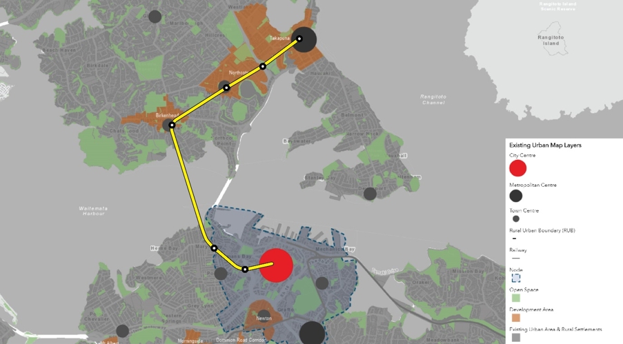 A yellow line shows the proposed transport corridor overlaid onto the council’s development strategy map. This shows that the stations on the transport corridor align with numerous council areas for strategic development. The Aotea Station is in the city centre. The Freemans Bay and Ponsonby stations are in the City Centre Node Area (which covers Wynyard Quarter, Parnell, Newmarket Newton/Eden Terrace and the eastern half of Ponsonby). Birkenhead, Northcote, Akoranga and Takapuna stations are within areas identified as development areas (there are no other development areas shown on the map north of the harbour). Takapuna is also identified as a metropolitan centre and Birkenhead & Northcote are identified as town centres.
