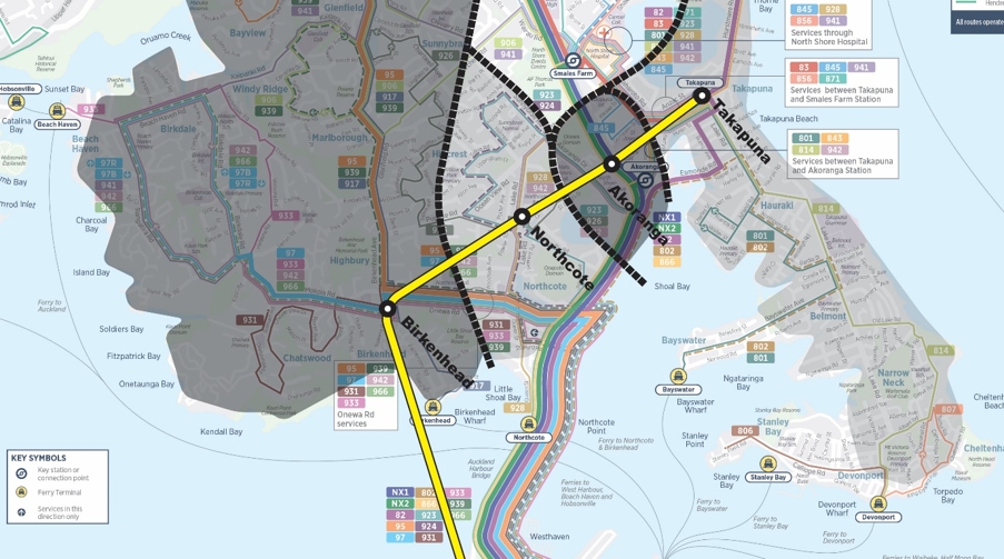 A yellow line shows the proposed transport corridor overlaid onto the existing North Shore public transport network map. Dashed black lines have been added approximately mid-way between stations to indicate a catchment for each station. Northcote & Akoranga both have small catchments given the proximity of other stations whilst Takapuna & Birkenhead have much larger catchments. The transport network map shows a number of regular buses as thin lines and frequent buses as thicker lines. The graphic suggests that many bus services could terminate at the new stations such as the 2 frequent and 5 regular buses that converge on Birkenhead before heading over the harbour.