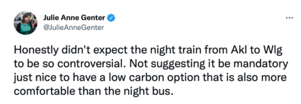 A tweet by Julie Anne Genter from 8 September 2022. The text reads: "Honestly didn't expect the night train from Akl to Wlg to be so controversial. Not suggesting it be mandatory just nice to have a low carbon option that is also more comfortable than the night bus." 