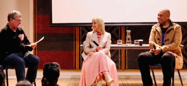 MC Russell Brown and mayoral candidates Viv Beck and Efeso Collins at a Bike AKL forum