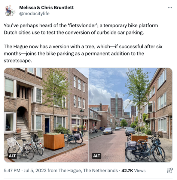 A tweet by Melissa and Chris Bruntlett, showing a new kind of pop-up parklet that includes trees. "You’ve perhaps heard of the ‘fietsvlonder’; a temporary bike platform Dutch cities use to test the conversion of curbside car parking. The Hague now has a version with a tree, which—if successful after six months—joins the bike parking as a permanent addition to the streetscape."