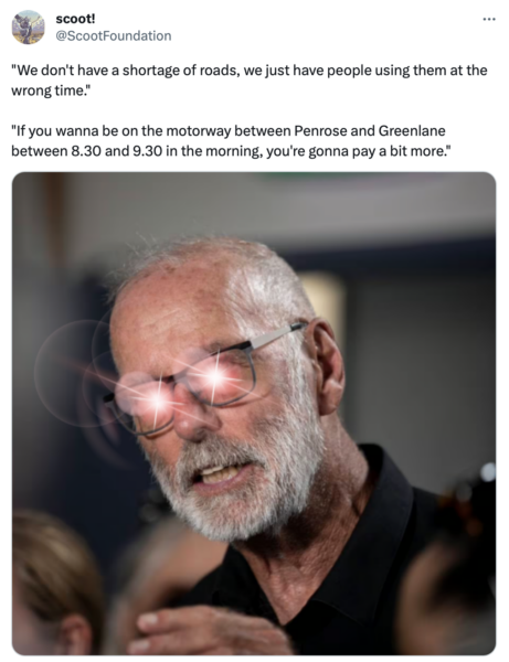 Link to a tweet by ScootFoundation quoting the Mayor's words on time-of-use charging, accompanied by a meme-image of the Mayor with blazing eyes.