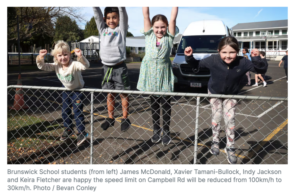 Brunswick School students celebrate safer speeds Whanganui Chronicle 1 May 2024 Photo by Bevan Conley