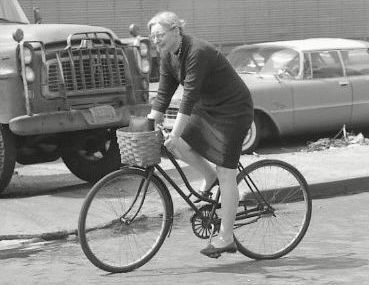 Jane Jacobs on a bicycle in the West Village, photo by Bob Gomel.