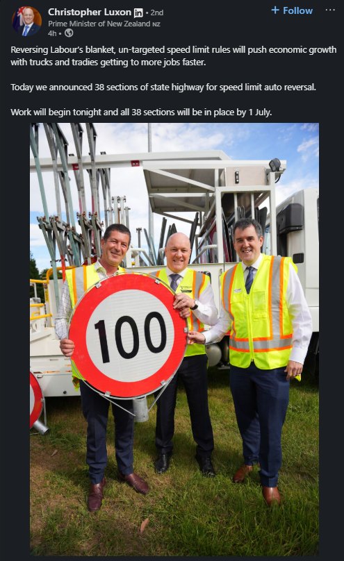 Luxon Speed Limit Linkedin - Greater Auckland