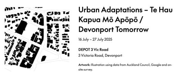 A banner advertising the Urban Adaptations exhibition in Devonport, at Depot, 3 Victoria Road, through to 27 July 2025