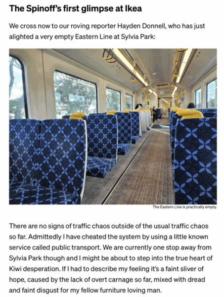 A screenshot from Hayden Donnell's article about the opening day of IKEA NZ, with a photo of an empty train carriage.