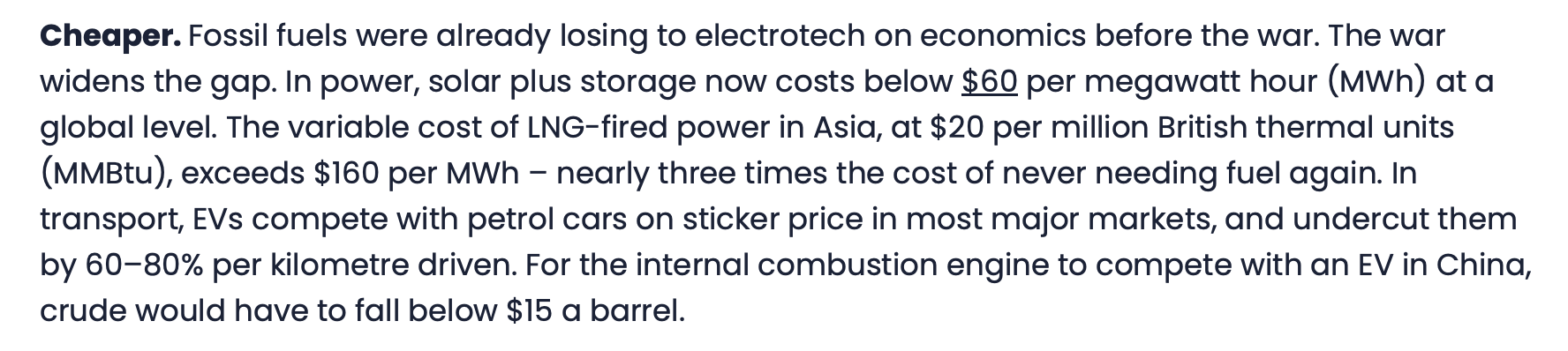 Text reads: "Cheaper. Fossil fuels were already losing to electrotech on economics before the war. The war widens the gap. In power, solar plus storage now costs below $60 per megawatt hour (MWh) at a global level. The variable cost of LNG-fired power in Asia, at $20 per million British thermal units (MMBtu), exceeds $160 per MWh – nearly three times the cost of never needing fuel again. In transport, EVs compete with petrol cars on sticker price in most major markets, and undercut them by 60–80% per kilometre driven. For the internal combustion engine to compete with an EV in China, crude would have to fall below $15 a barrel."