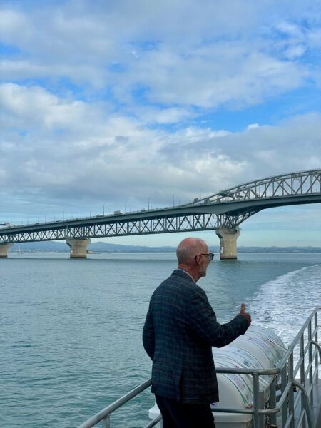 Mayor Wayne Brown on the new electric-diesel hybrid 27 May 2026 thumbs up to the bridge. Image by Patrick Reynolds